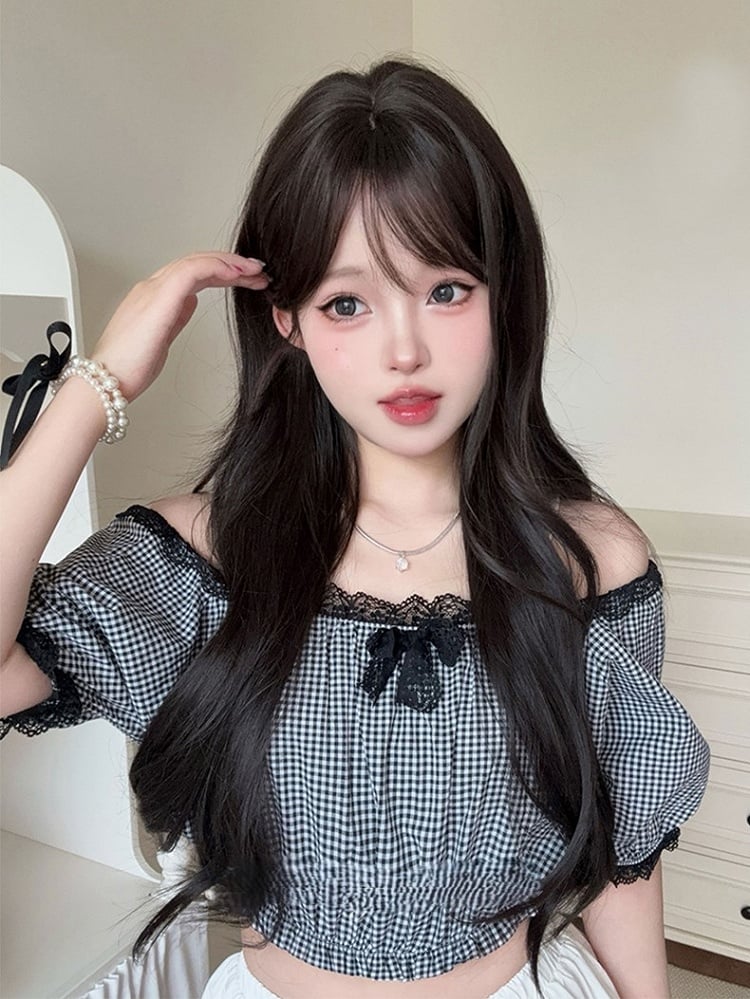 Wig Curtain 73CM Length With Bangs Wavy Tea Black