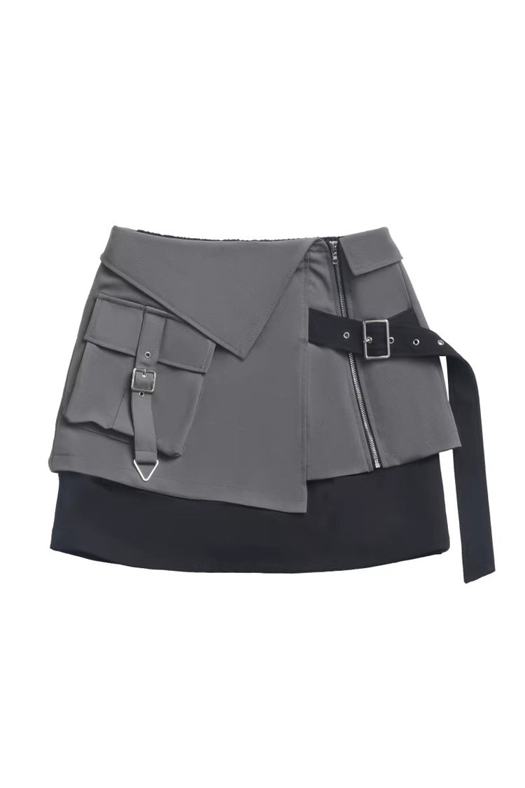 Techwear Long Sleeves Spliced Zippered Gothic Jirai Kei Skirt and Coat Set