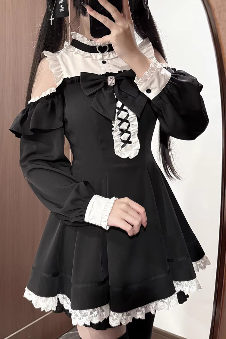 Off Shoulder Long Sleeves Ruffled Jirai Kei Japanese Dress Set