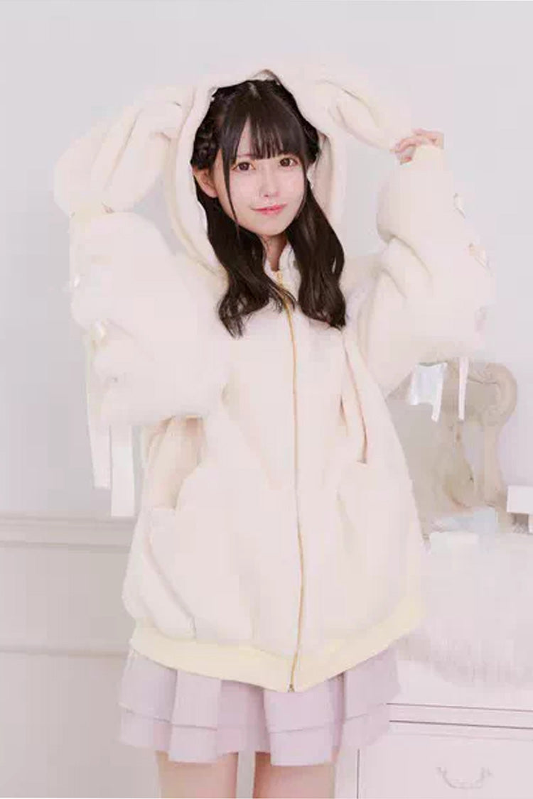Rabbit-Ear Hooded Bow Lace-Up Long-Sleeve Noir Coat