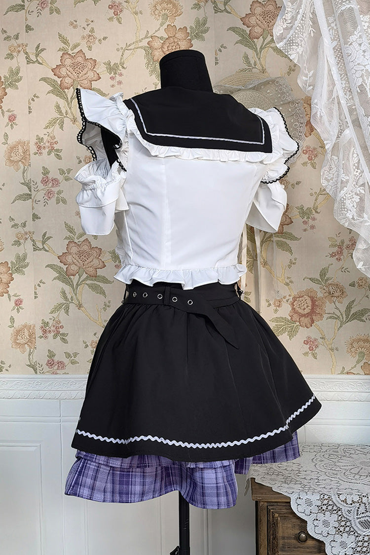 Black White Short Sleeve Printed Bow Sweet Jirai Kei Skirt Set
