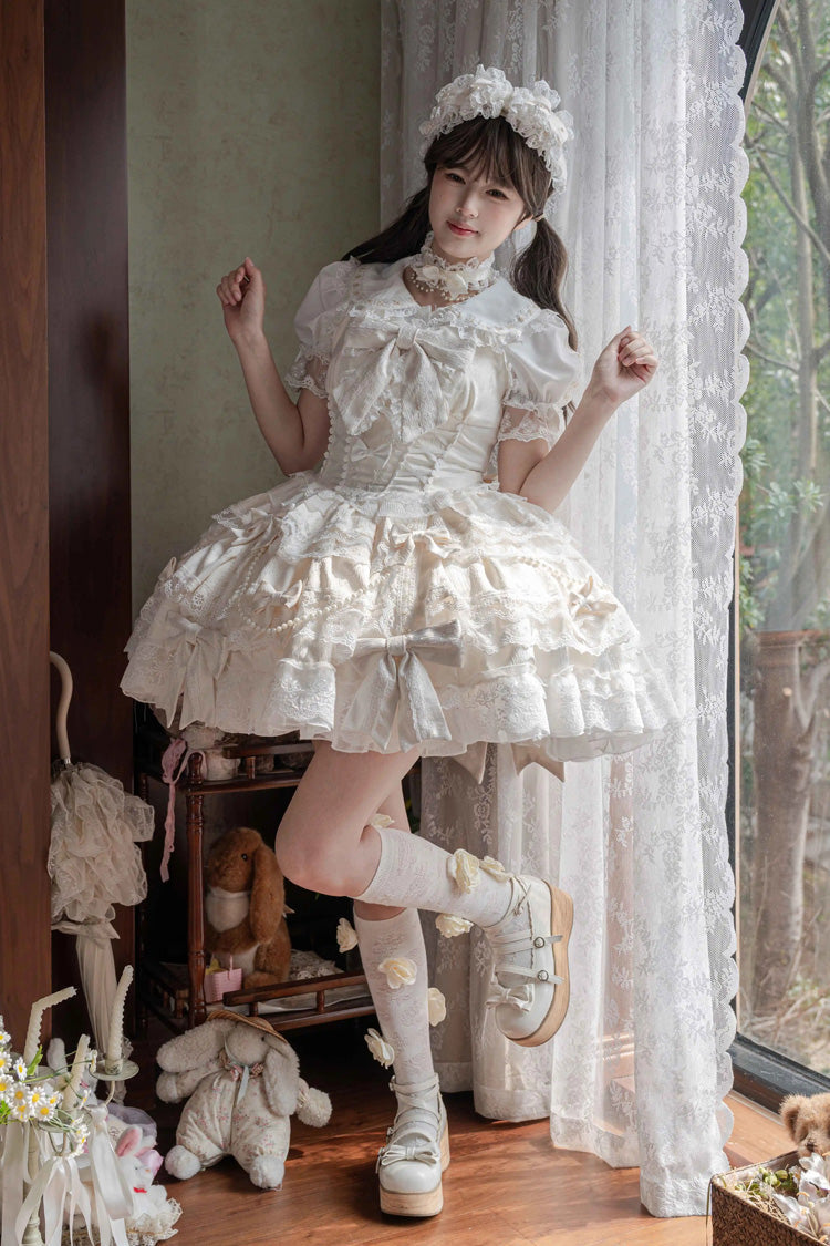 Small Cakes Sleeveless Multi-Layered Ruffled Bow Lace Sweet Lolita JSK Dress - Ivory