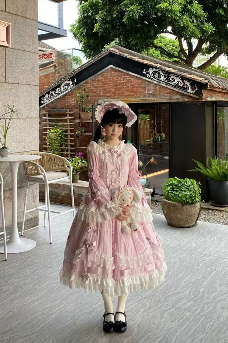 Pink Round Collar Long Trumpet Sleeve Bow Lace Elegant Princess Dress