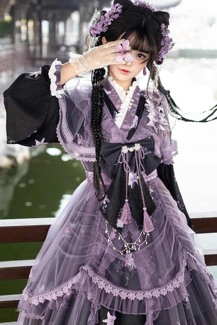 Stand Collar Long Sleeves Ruffled Embroidered Bow Classic Chinese Elegant Lolita Dress Set
