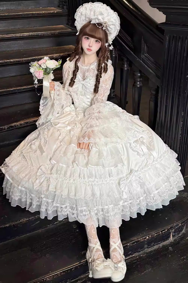 White Ode of the Curtain Multi-Layered Ruffled Hanayome Open-Front Bow Lace Lace-Up Sweet Long Jsk Dress