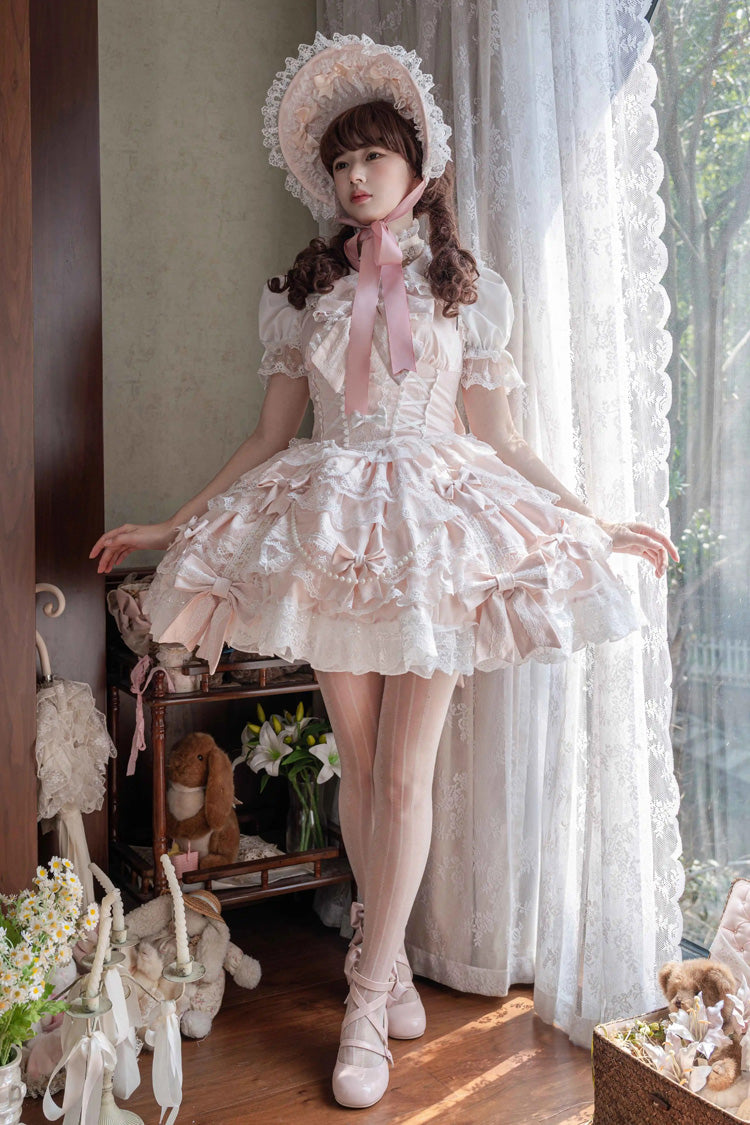 Small Cakes Sleeveless Multi-Layered Ruffled Bow Lace Sweet Lolita JSK Dress - Pink
