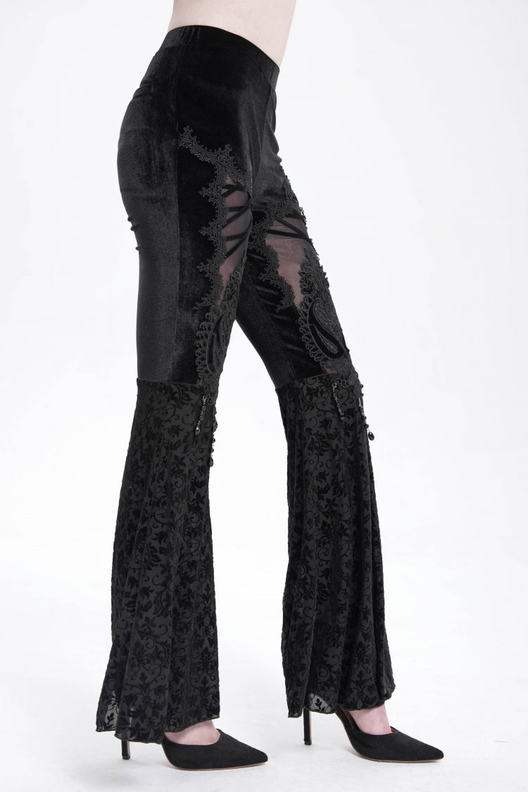 Floral Embroidered Flared Gothic Pants with Cutout Design for Women