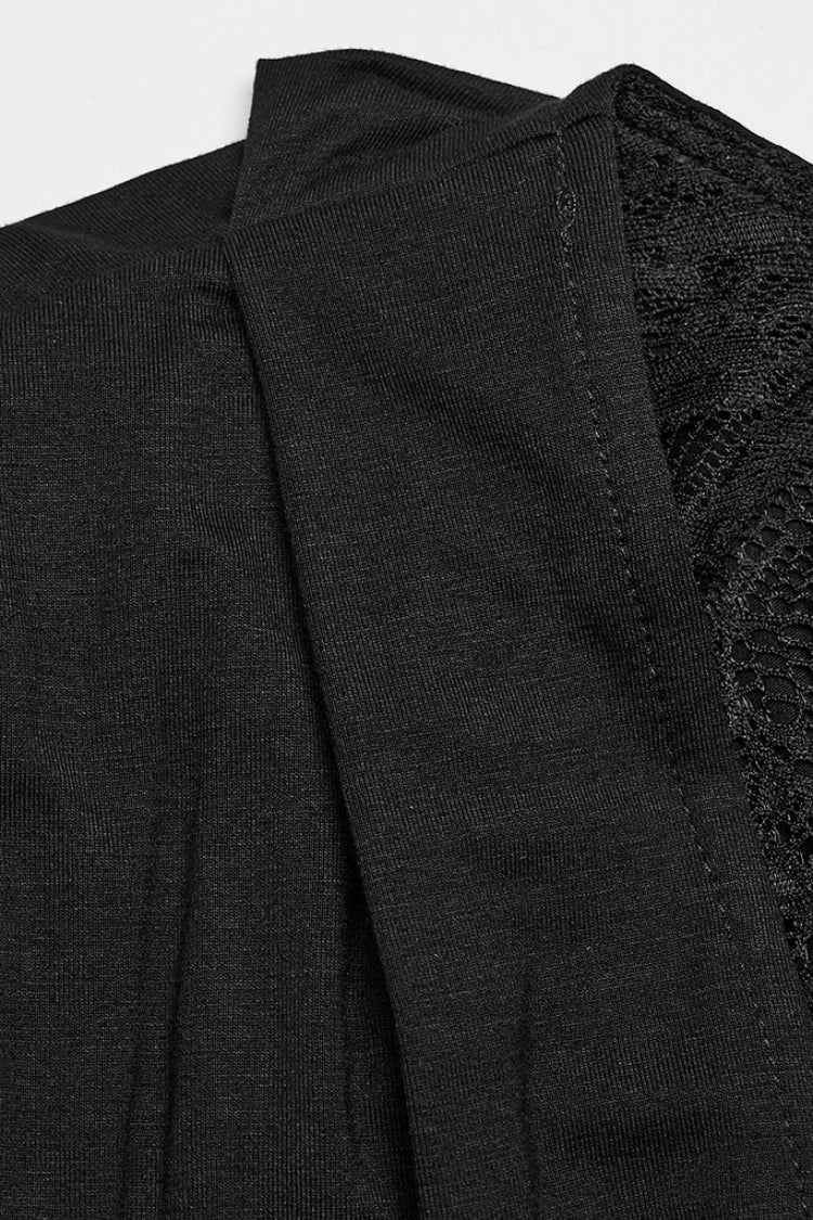 Black V-Neck Long Sleeves Stitching Lace Gothic Drawstring Honeymoon Gown