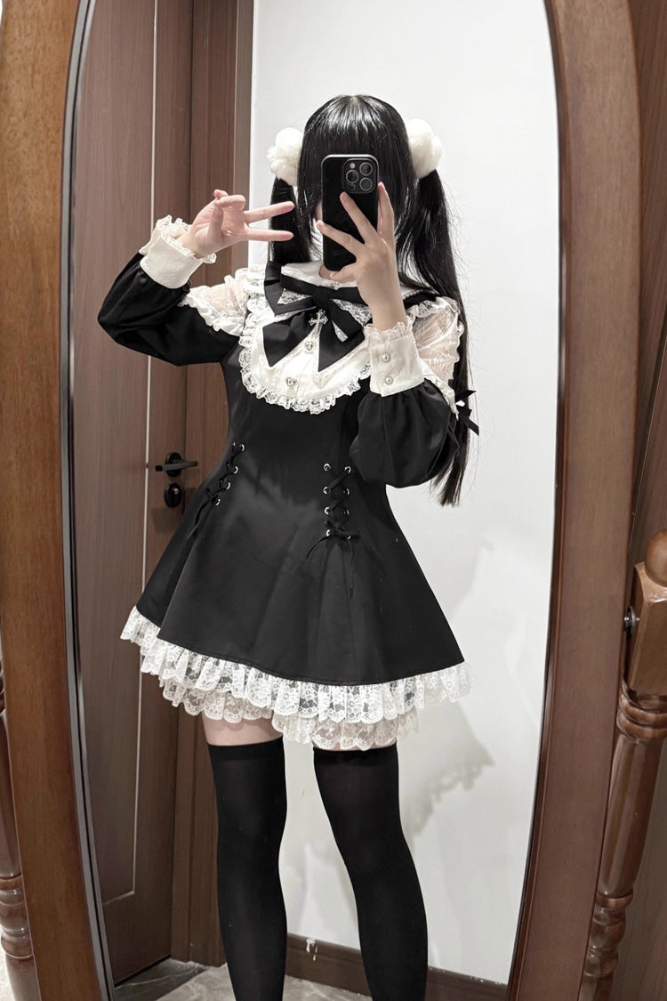 Black White Long Sleeve Hollow Bow Lace Lace-Up Sweet Jirai Kei Shorts Set