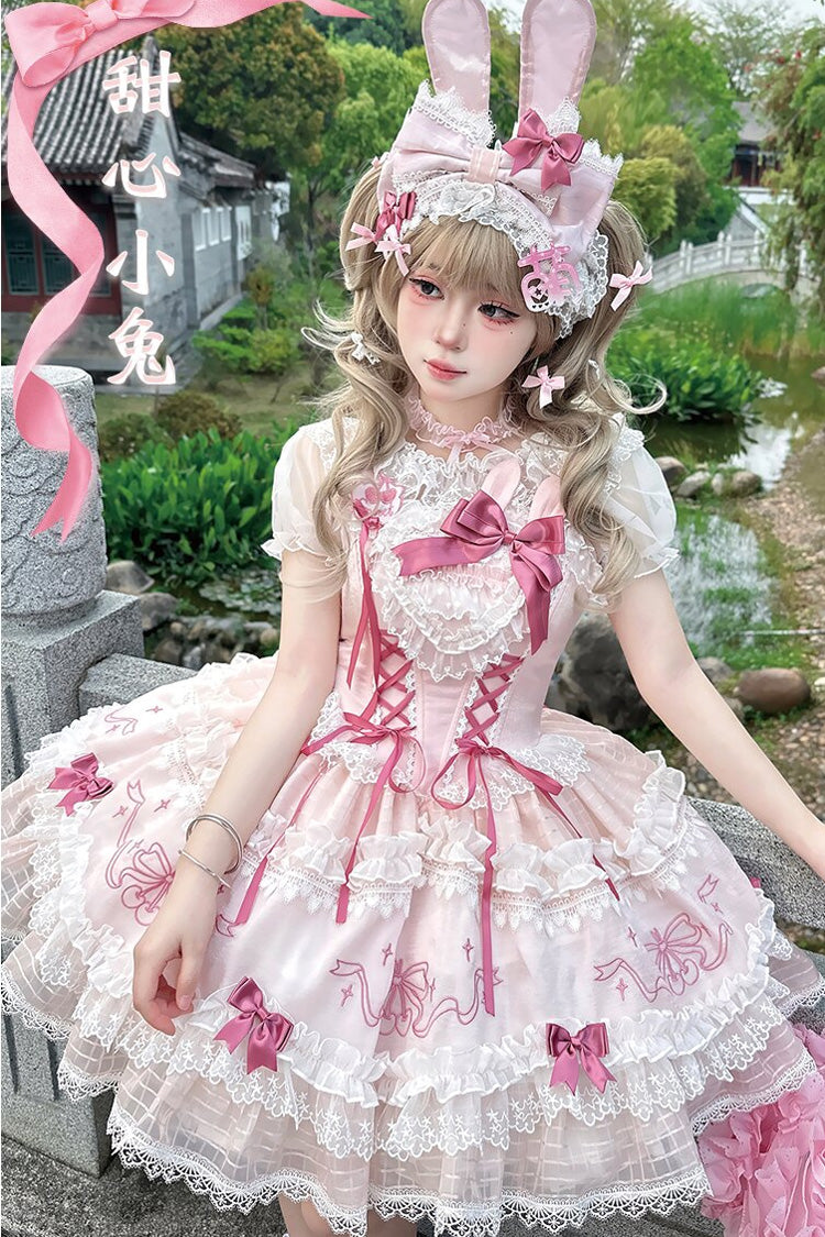 Blush Flutter-Sleeve Embroidered Square Neck Ruffled Lolita JSK - Sweetheart Bunny