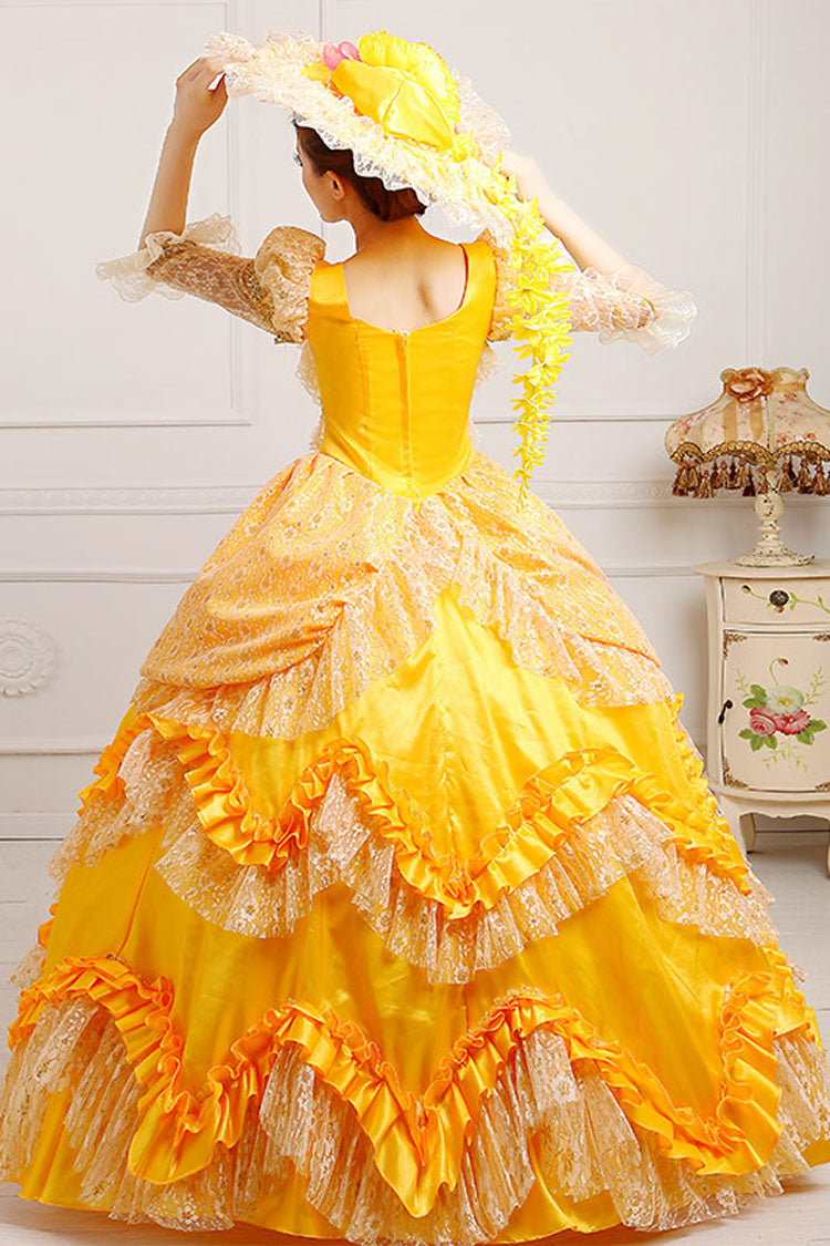 Yellow Lace Victorian Gown - High Waisted Ruffled Multi-Layer