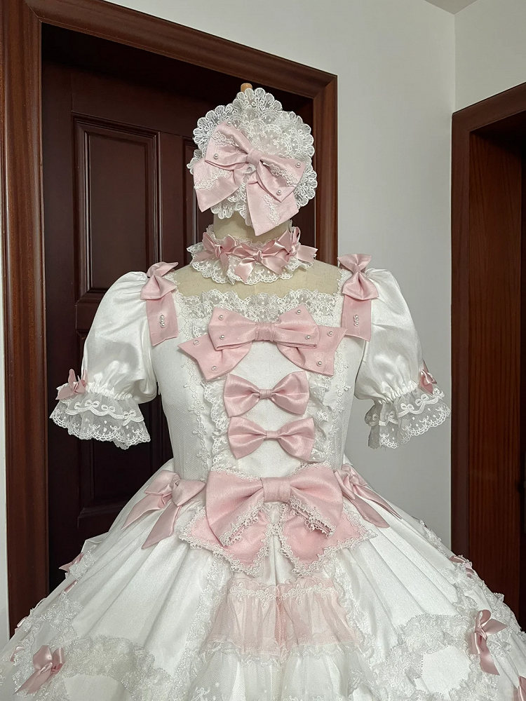 High Sweet Accents White Lolita Detachable Pink Bow Princess Sakura Sleeves Dress with Waist