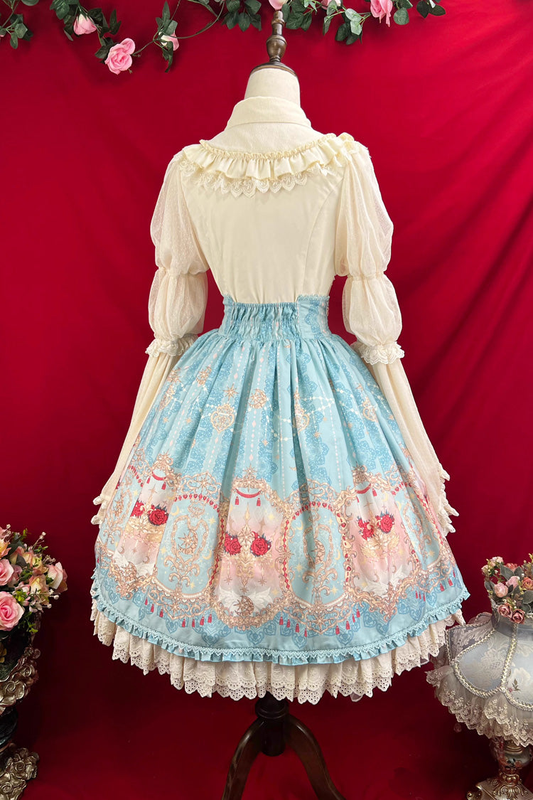 Blue Moonlit Garden Print Ruffle Lace Sweet Palace Lolita Skirt