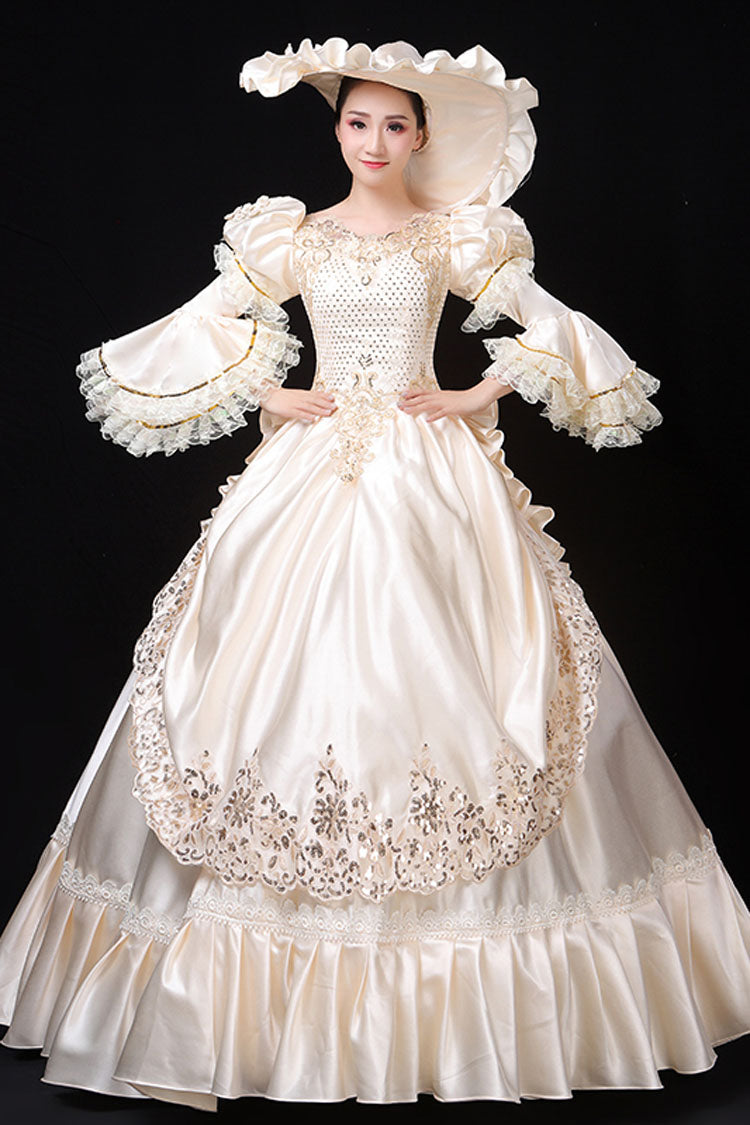 White Hime Sleeve Victorian Gown with Floral Decor - Court Style