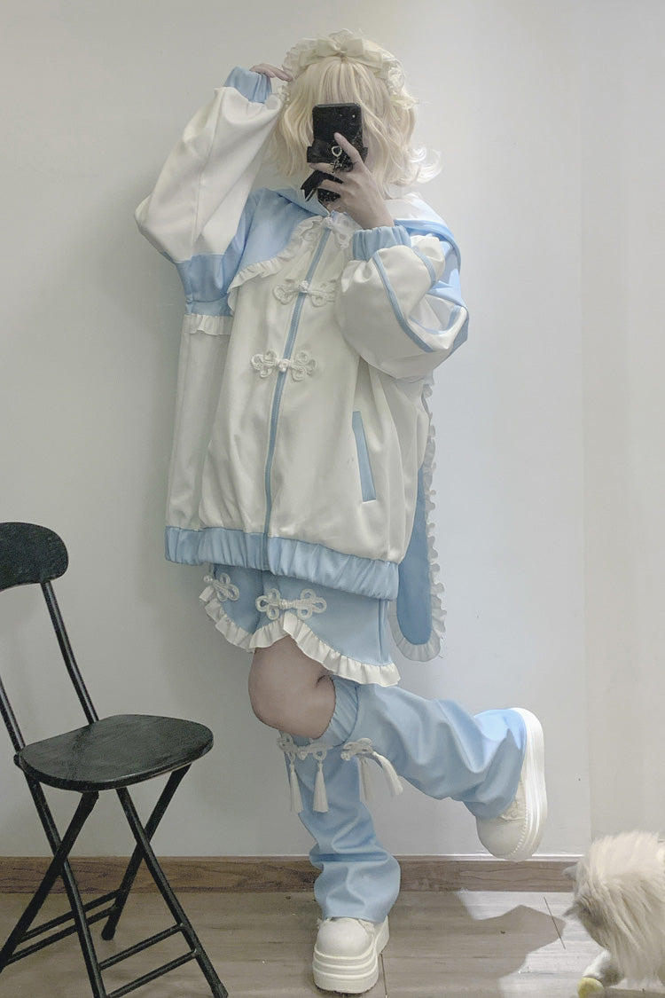 White Blue Rabbit Ear Long Sleeve Ruffled Hooded Jirai Kei Coat