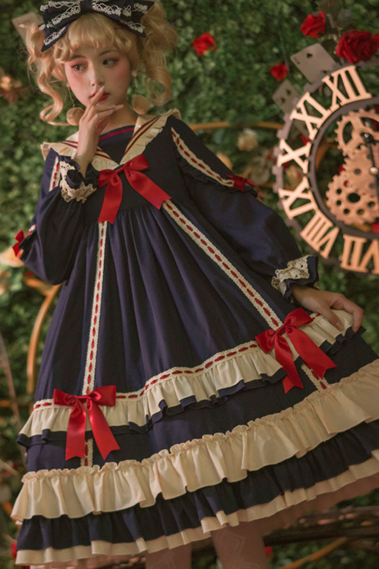 Classic Lolita OP Dress - Long Sleeves High Waist Ruffled Bowknot