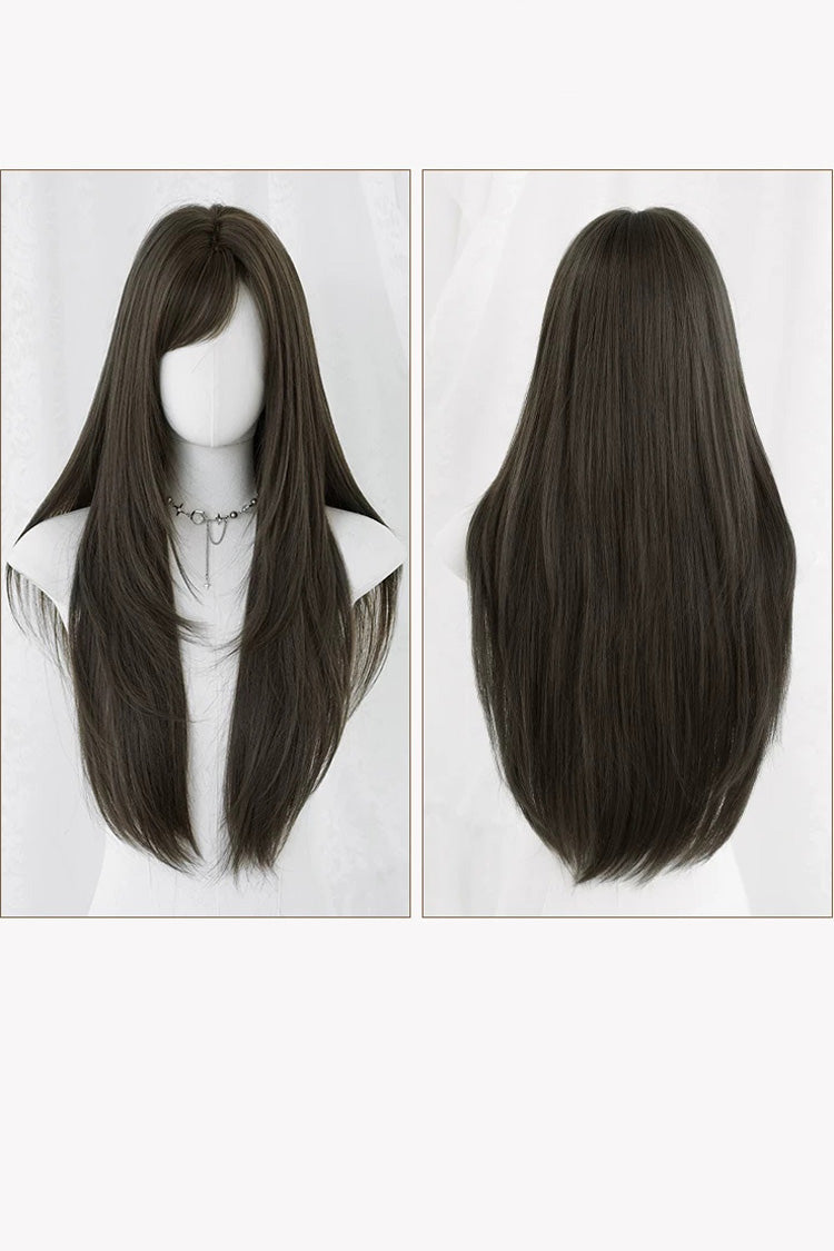 Fluffy Layered Straight Lolita Wig with Air Bangs - Cool Brown