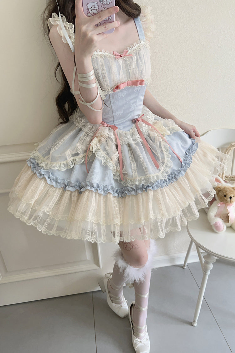 Flower Season Bow-Trim Lace Ballet Lolita Jumper Skirt in Four Colors