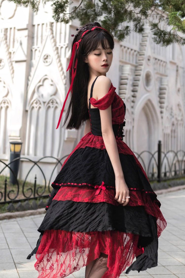 Crimson Noir Sleeveless High-Waist Patterned Asymmetrical Gothic Corset Dress