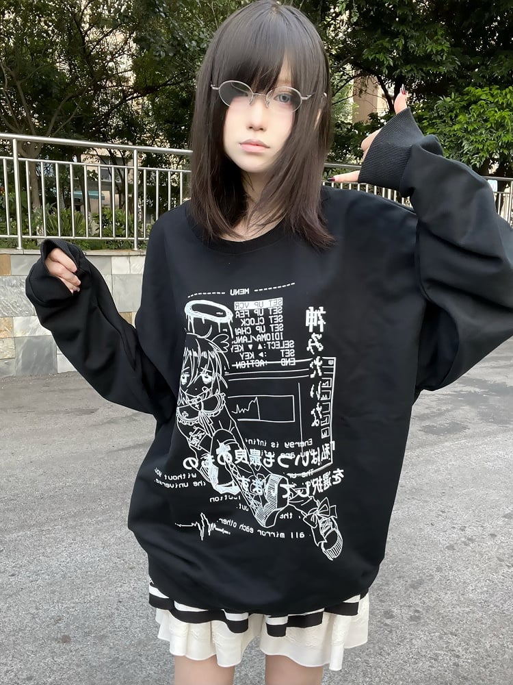Jirai Kei Black Round Neck Graphic Sweatshirt Yami Kawaii Top – MK