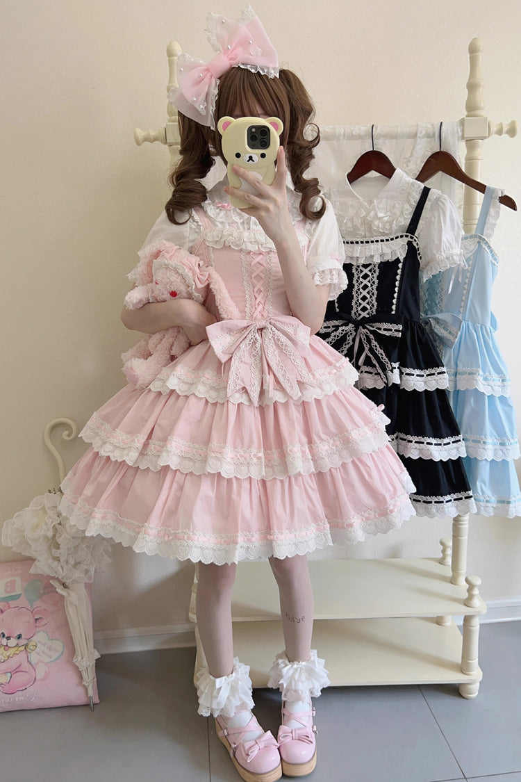 Pink Maiden Heart Triple Layer Ruffle Bow Lace Sweet Jsk