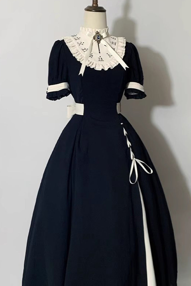 Monochrome Color-Blocked Gothic Dress with Detachable Embroidered Faux Collar