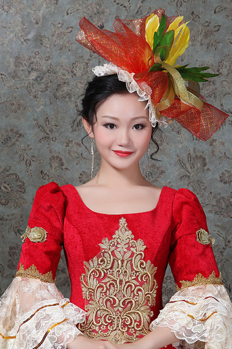 Red Victorian Gown with Bell Sleeves and Floral Embroidery - Altfashion Shop