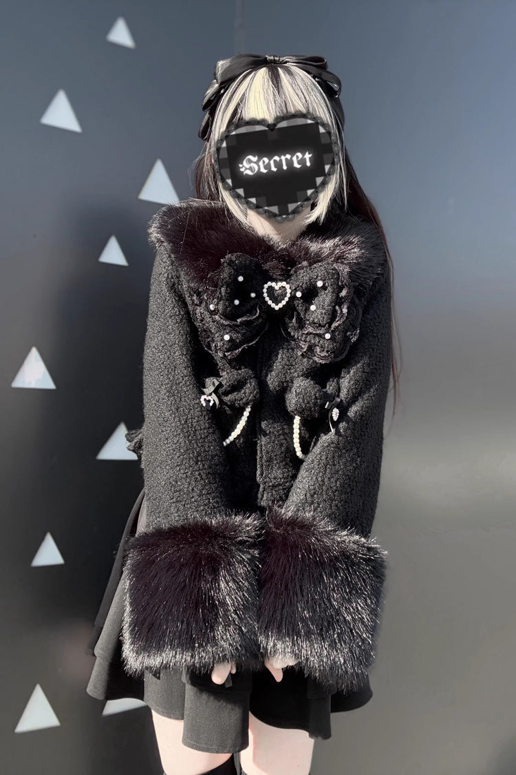 Long Sleeves Bow Sheep Wool Gothic Jirai Kei Short Coat
