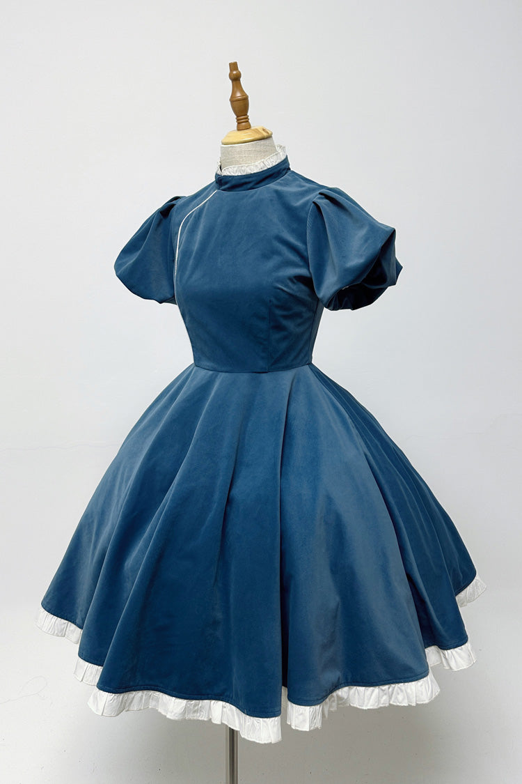 Blue Gothic Lolita Dress with Long Sleeves and Ruffles