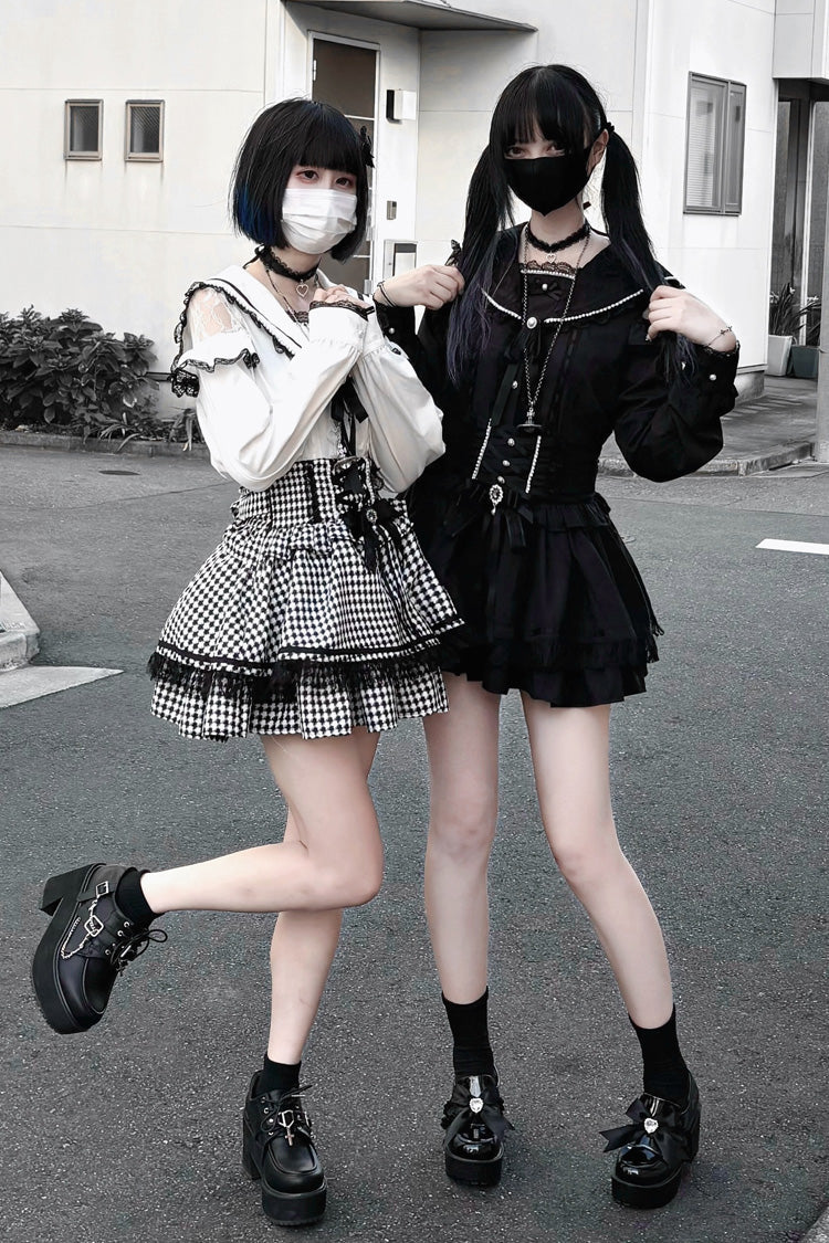Black White Houndstooth Bow Lace Lace-Up Jirai Kei Skirt