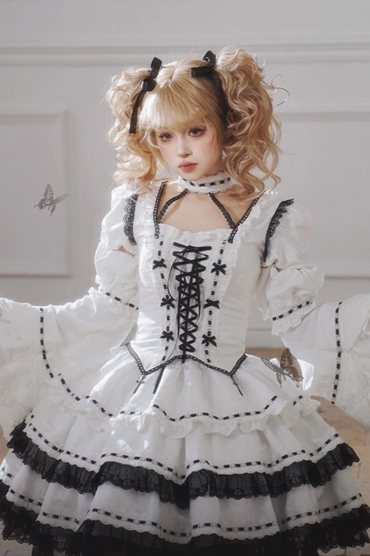 White Witch Long Sleeves Double-Layered Lace-Up Gothic Skirt Set