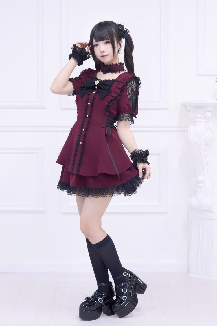Scarlet Waltz Short Sleeve Ruffled Bow Gothic Jirai Kei Japanese Dress Set