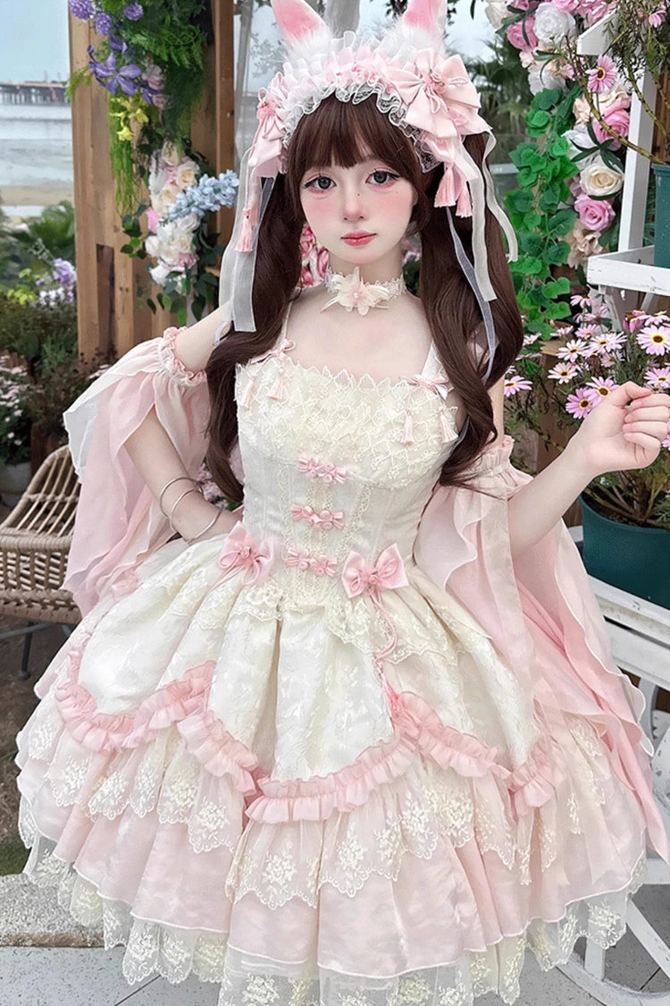 Blush Ruffle Embroidered Bow Chinese Style Elegant Sweet Jumper Dress - Lyrics in the Midst of Flowers
