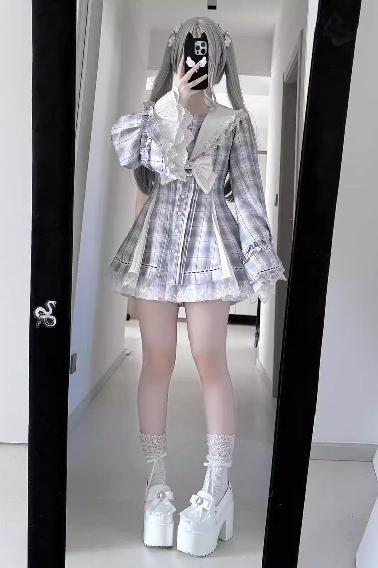 Dark Night Prayer Square Collar Long Sleeve Bow Lace Pearl Sweet Jirai Kei Dress and Shorts Set