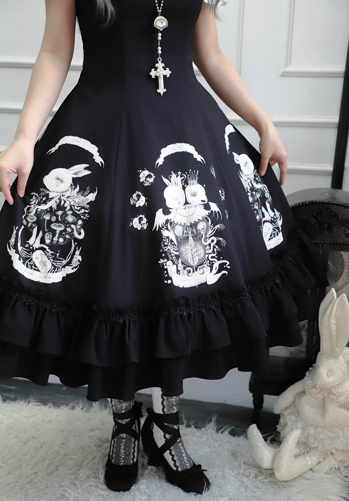 Dark Black Dress Print Waist Gothic Slim Fit Bunny Lolita