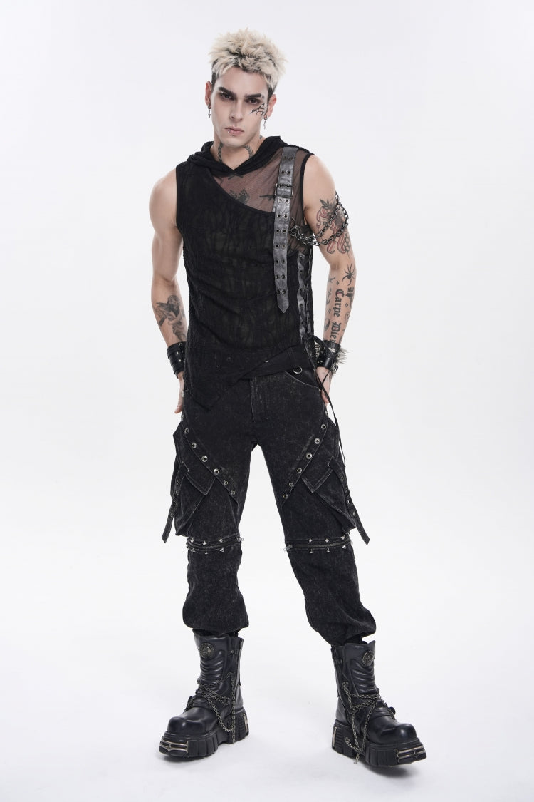 Men's Punk Hooded Vest with Sheer Asymmetric Chain-Decorated Design