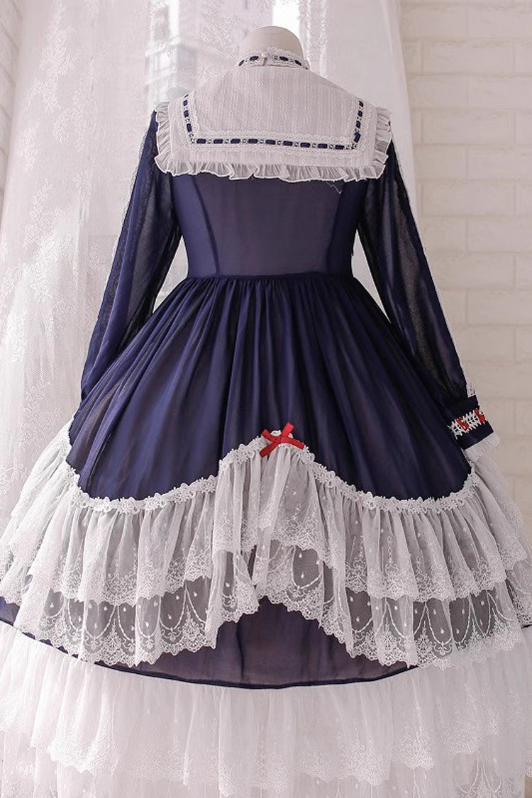 White-Blue Sweet Princess Lolita Long Sleeve Multi-Layer Ruffle Cardigan Dress