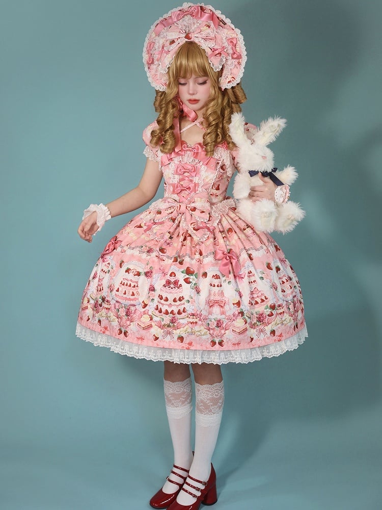 Print Strawberry Pink Sweet Accents Bow Set Full Dress Cake Lolita /