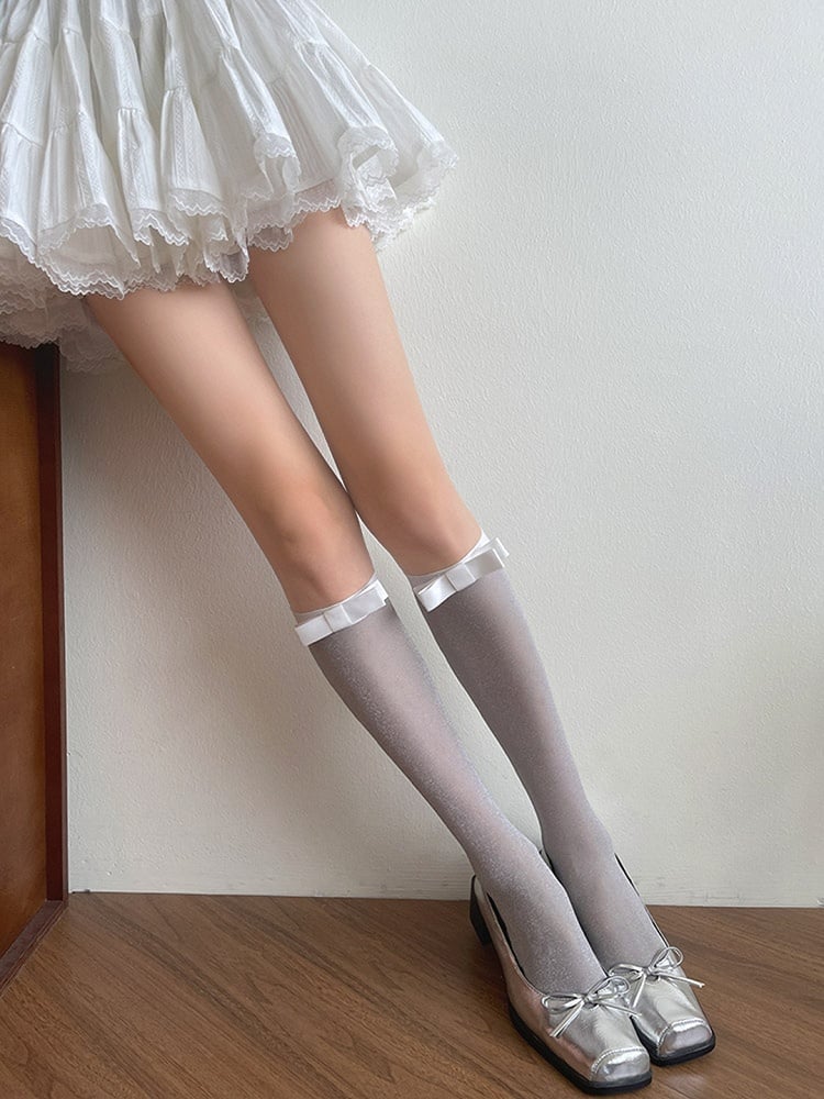 Bowknot Light Grey/Black Stockings Details Semi-sheer Underknee