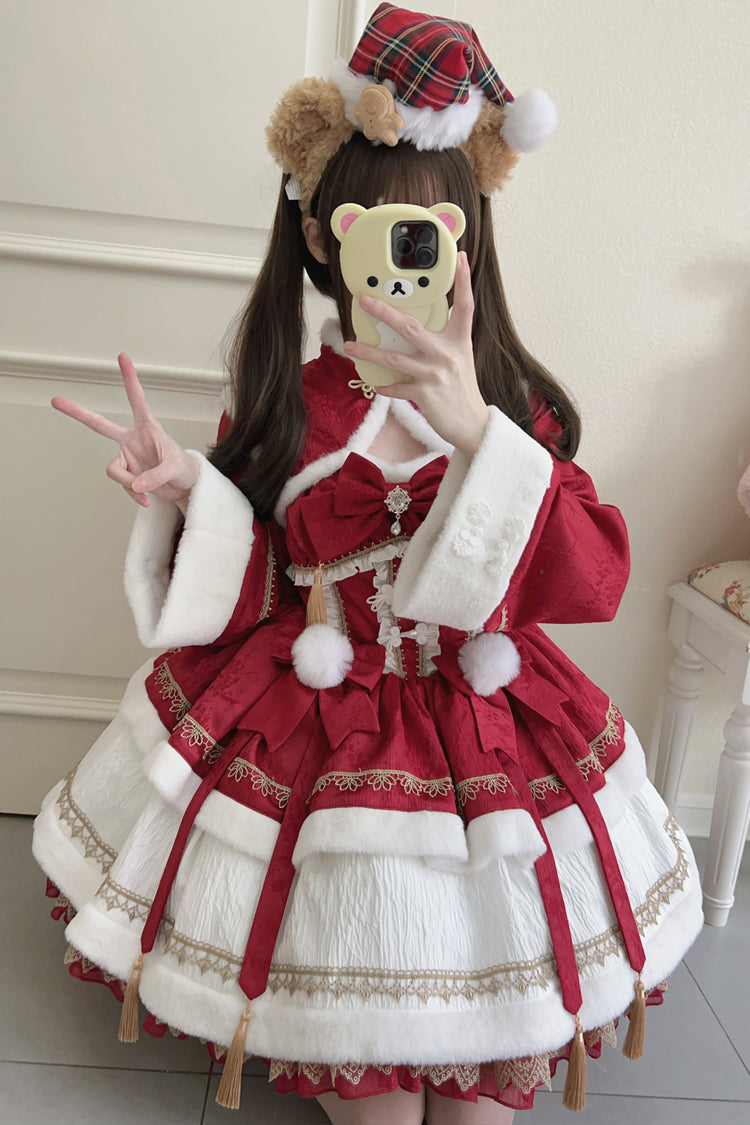 Crimson Snow Rabbit Long Sleeve Frill Bow Faux Two-Piece Sweet Lolita Gown