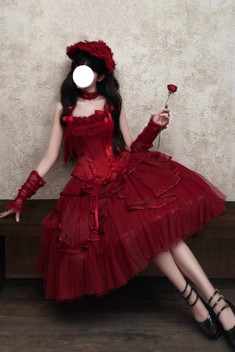 Scarlet The Summer Waves Sparkle Square Neck Sleeveless Multi-Layered Ruffled Bow Laced Slim Lolita Skirt Set