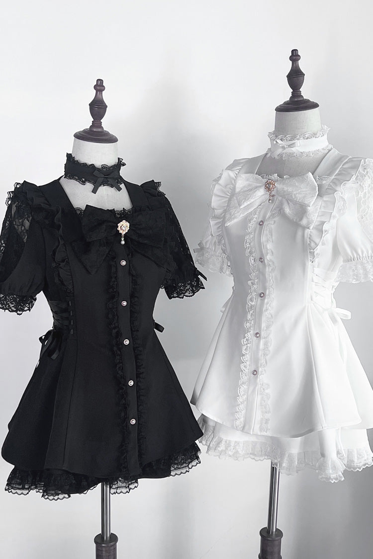 White Short Sleeve Ruffled Bow Gothic Jirai Kei Dress Set