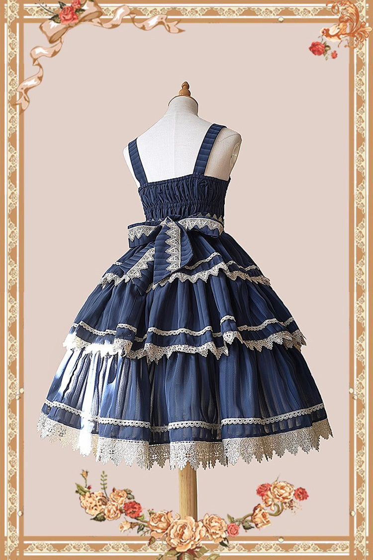 Dark Blue Three-Tiered Sweet Lolita Dress with Ribbon and Sleeveless