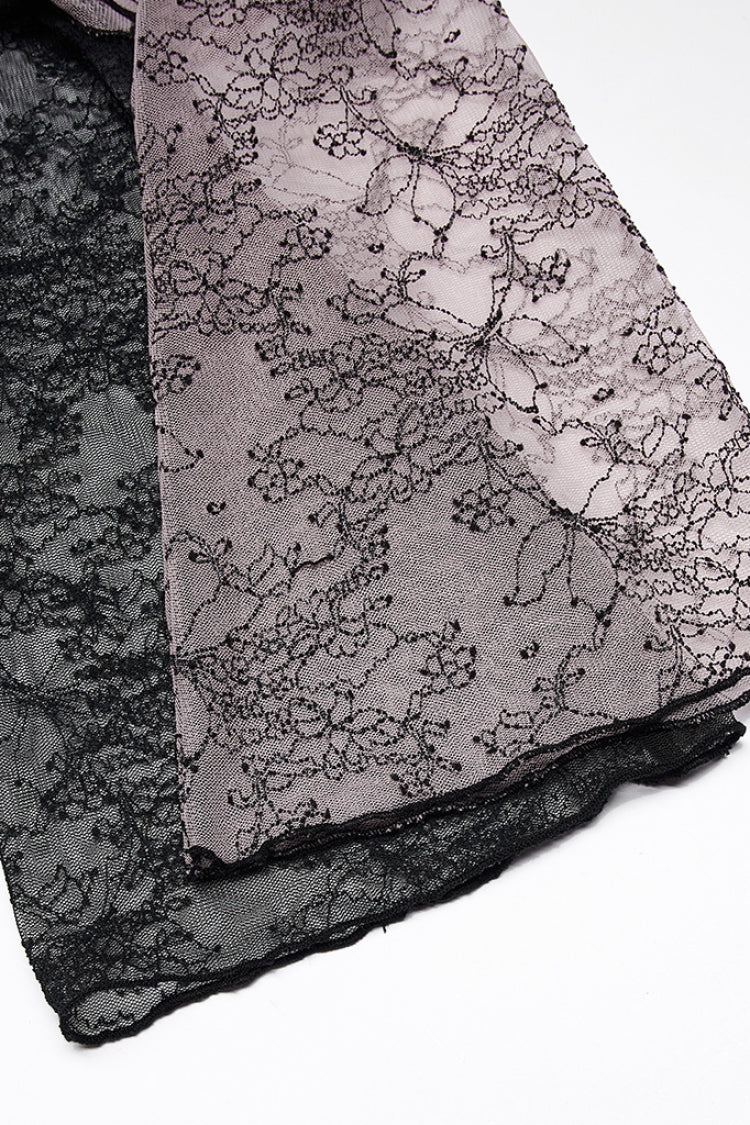 Sheer Gothic Lace T-Shirt with Long Sleeves & Horn Motifs