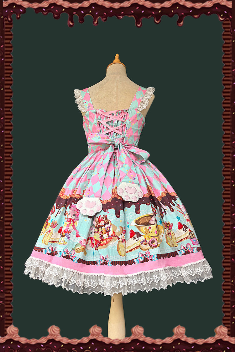Sleeveless Lace Bow Print Sweet JSK Dress in 3 Colors - Cream Meow