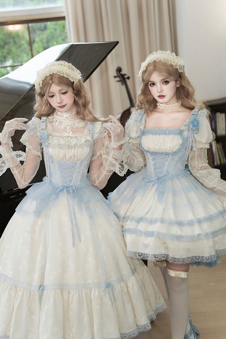 Ivory Square Collar Flutter Sleeve Ruffle Fishbone Sweet Long Jumper - Sea Salt Iced Tea