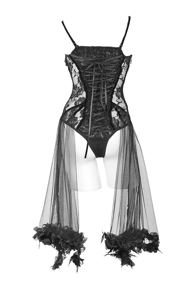 Rose Lace Mesh Hem Sling Gothic Jumpsuit in Black