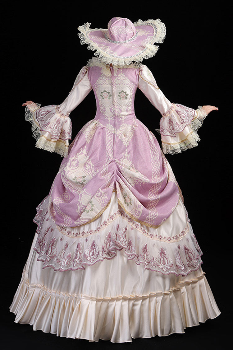 Pink and Champagne Trumpet Sleeve Victorian Gown - Hollow Embroidery