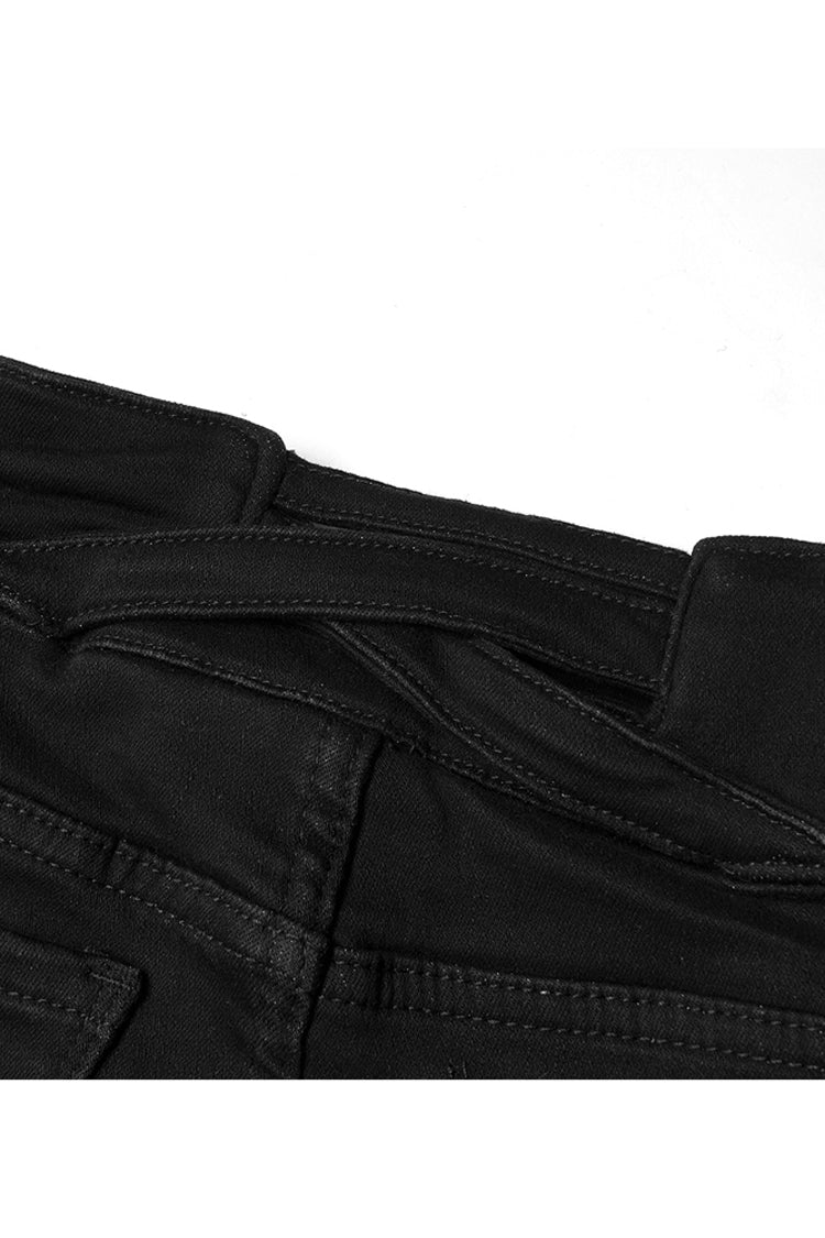 Punk Denim Pants with Metal Decor and Crossed Straps