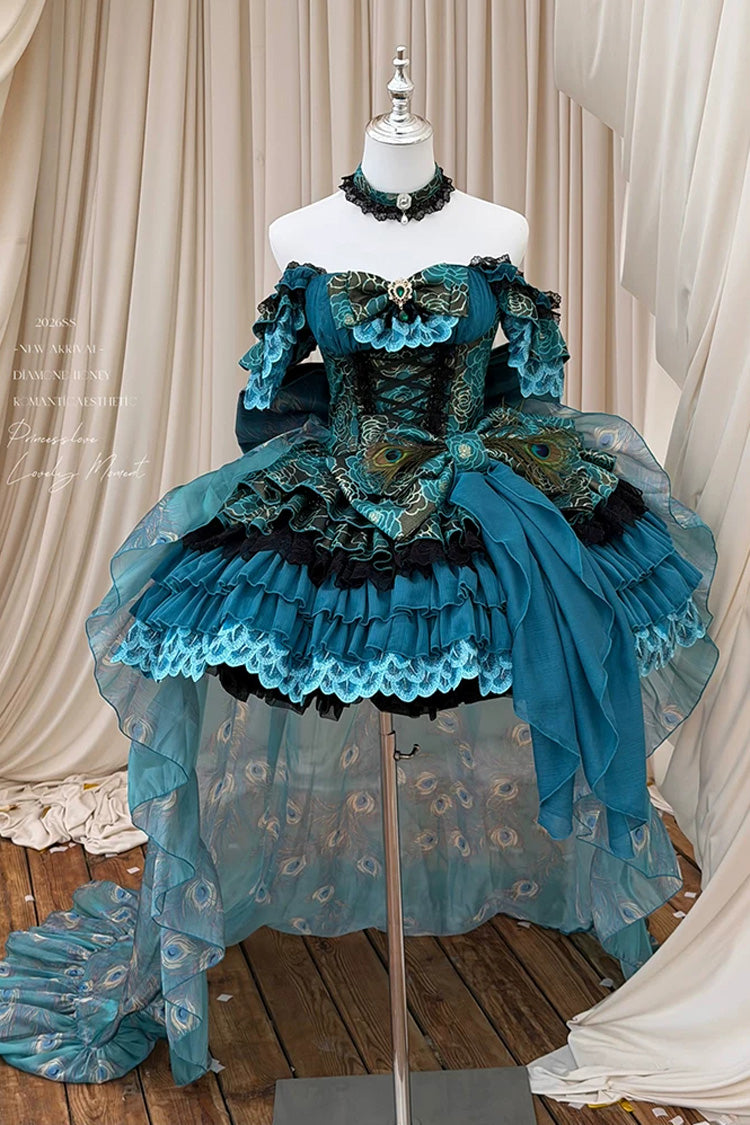 Peacock Spirit Princess Multi-Layered Ruffled Bow Lace-Up Classic JSK